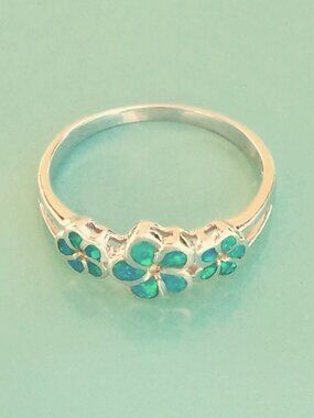 925 Sterling Silver Inlaid Lab Opal Triple Hawaiian Blue Plumeria Flower Ring